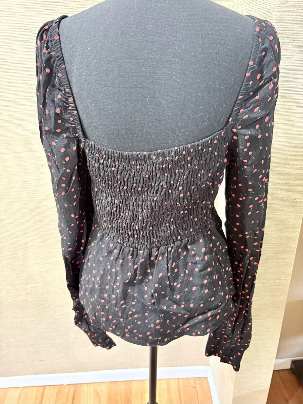Free People Black Long-Sleeve Polka Dot Sweetheart Neck Top